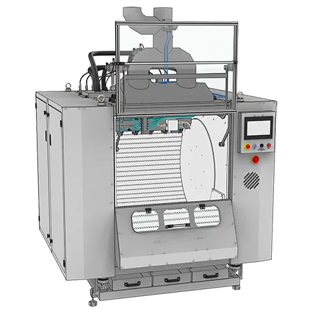 BTC1000 horizontal chocolate belt coater — 300 L batch capacity for small batches and frequent recipe changes, AISI 304 stainless steel, drip or spray application, PLC and HMI controlled, reversible belt discharge