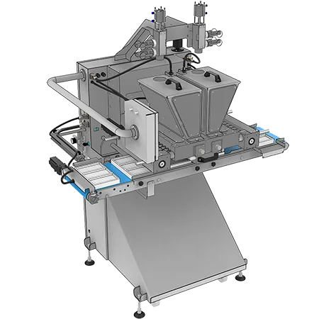 NGOSD10CV stand-alone one-shot chocolate depositor with servo-driven Z-axis, servo suck-back, common valve mechanism, and PID-controlled dry heating for molded and center-filled chocolates up to 500 g per shot