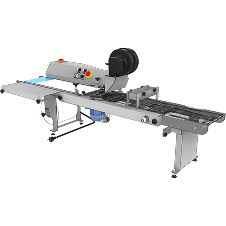 EM200TT tabletop chocolate enrobing belt — bench-height curtain coater that couples to a tabletop tempering machine
