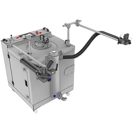 CPS100 chocolate and syrup sprayer for coating pans — 130 kg water-jacketed reservoir, PID heating, 2 spray nozzles standard, PLC/HMI control, max 4 bar working pressure, 2.5 kW, AISI 304 stainless steel