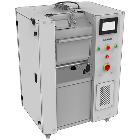 LabDAZM20 laboratory double-arm sigma mixer (Z kneader) with water-jacketed trough and hydraulic tilting discharge